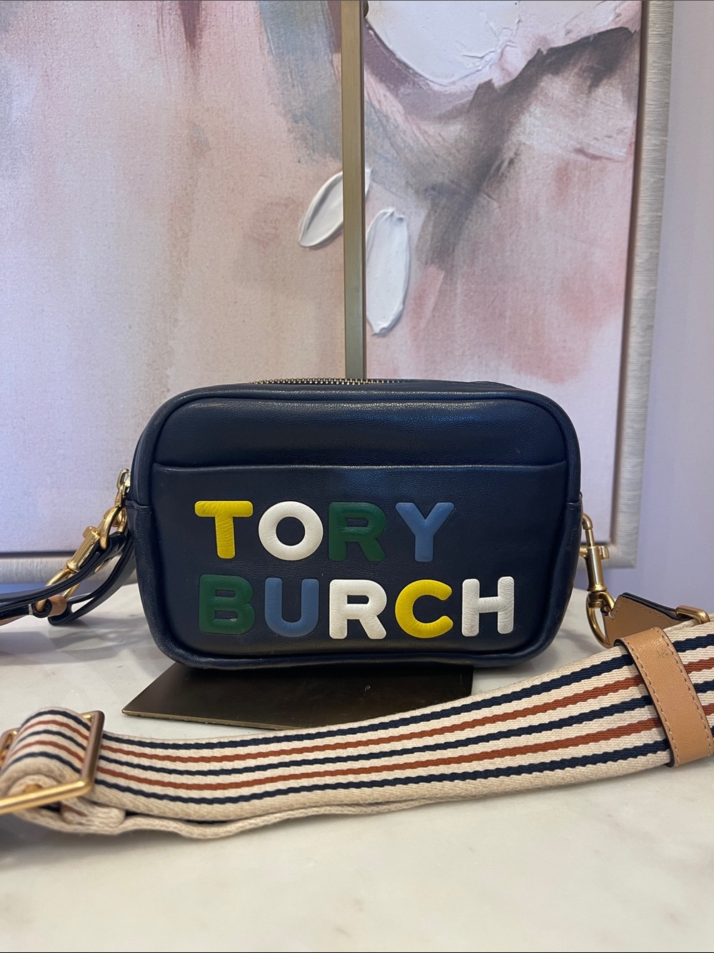 Tory Burch Navy Colorblock Crossbody with Multicolor Logo Letters